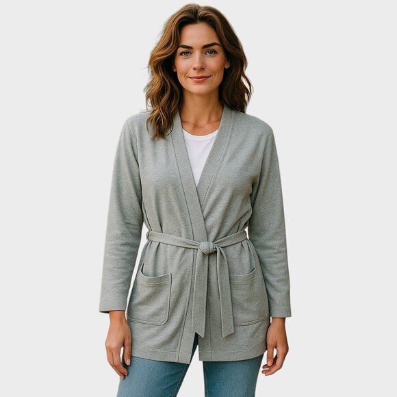 Fourlaps Stratus Wrap Cardigan Heather Gray Belted Robe Comfort Leisure Preppy - Picture 1 of 16
